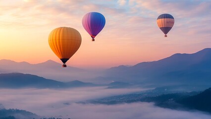 Obraz premium Multicolored balloons flying over misty mountains at sunset. Colorful hot air balloons on blue sky with clouds. Cinematic. Generated AI.