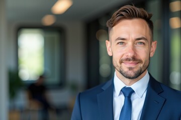 Naklejka premium Confident Young Adult Caucasian Male Professional in Formal Attire Standing in Modern Office Environment with Natural Lighting and Blurred Background