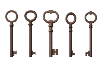 Row of five keys with a hole in the middle, isolated