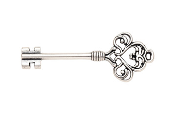 Silver key with a heart design on it, isolated