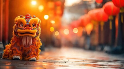 Lion dance costume in a lantern-lit street.