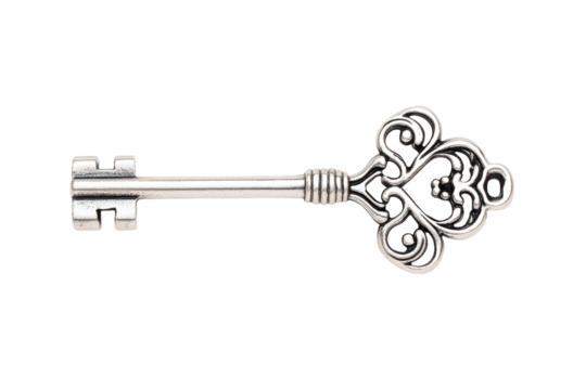 Silver key with a heart design on it, isolated