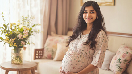 young indian pregnant woman standing at home