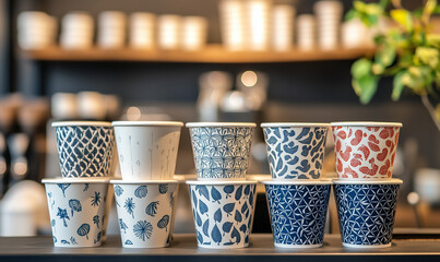 Unique handcrafted paper cups stacked, showcasing artistic design and eco-friendly materials for modern beverage experiences