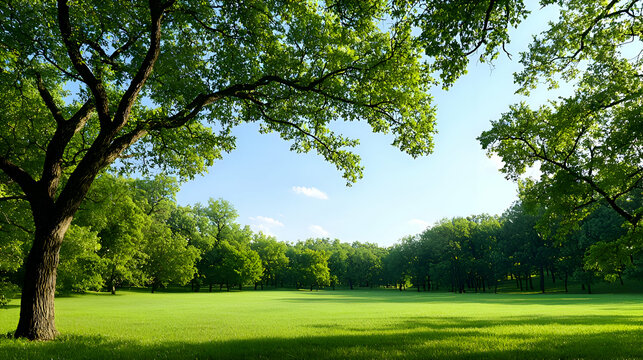 Serene Summer Landscape with Lush Green Trees and Grassy Meadow under Bright Sunlight