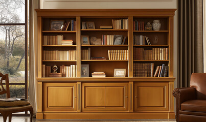 Traditional wooden bookrack with closed shelves exudes classic charm and functional elegance for literary enthusiasts