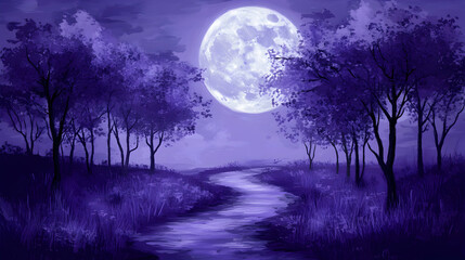 Serene purple landscape painting; moonlit stream winds through tranquil forest under a large full moon.  Perfect for meditation, relaxation, or fantasy art.