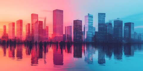 Obraz premium Vibrant cityscape with silhouetted people reflecting on still water