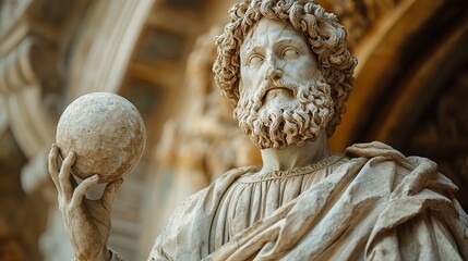 mythological figure holding a planet in his hand