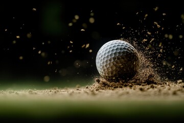 Golf ball lands in sandy bunker, creating dramatic splash. Enhance your golf skills with precision shots. Improve your game today!