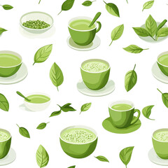 Flat style matcha green tea seamless pattern, minimalistic, isolated on white background. cutout png