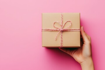 A hand holds a small, kraft paper gift box tied with pink and white baker's twine. This image is perfect for blogs, websites, or social media posts related to gifts, presents, or celebrations.