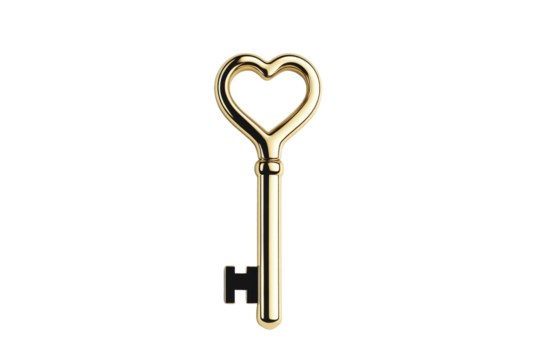 Gold key with a heart on it, isolated