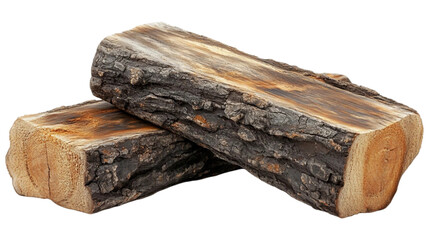 Two whole, oak stumps (stump log firewood sticks) overlapping irregularly, arranged in organic composition isolated on white background. Suitable for marketing or business purposes. PNG file