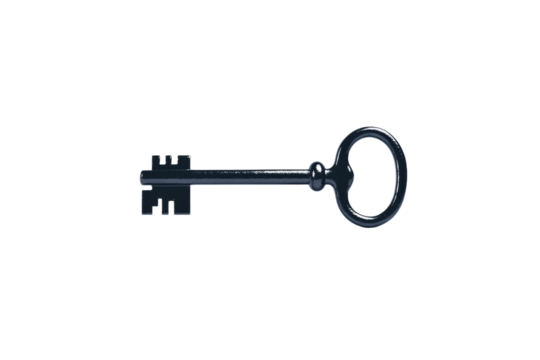 Black key with a silver circle on the end, isolated