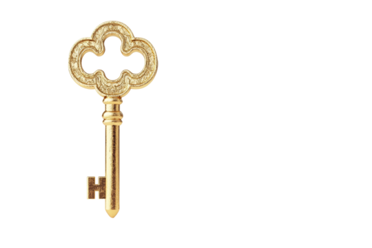 Gold key with a cloud on it, isolated