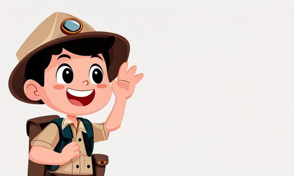 Happy explorer boy waving, cartoon style,  background is blank, for kids' education