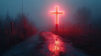 neon art in dreamy landscapes cross on the road in the misty morning