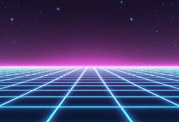 Minimalist Synthwave Landscape: Discover this Retro Background with Blue and Purple Tones, Featuring a Horizontal Synthwave Grid for Modern Designs.

