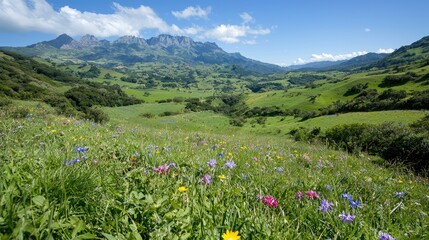 Fototapeta premium Mountain valley wildflowers summer landscape scenic view (3)