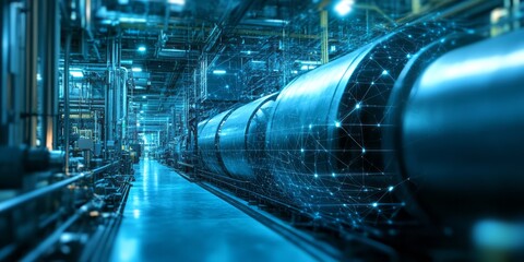 Obraz premium Blue toned industrial interior showcasing pipes and data network