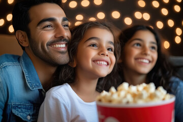 happy indian family holding popcorn bucket