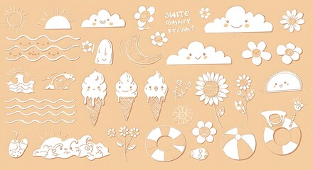 Cute Summer Beach Elements Illustration with Ice Cream and Flowers