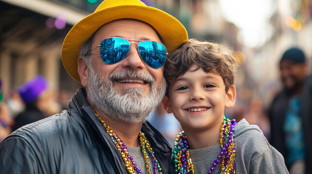 A man in his fifties with graying hair and a boy in a yellow hat, both smiling during Mardi Gras in New Orleans, surrounded by colorful floats and a jubilant celebration in the background. - Powered by Adobe