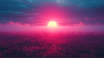 Naklejka premium neon text art in dreamy landscapes foggy sunrise over a field with with neon word future