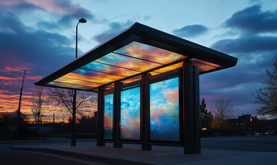 Bus stop with a transparent roof that displays digital projections, merging technology with modern urban aesthetics
