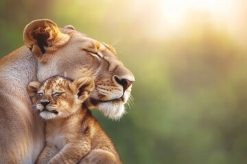 Mother lion is holding her cub