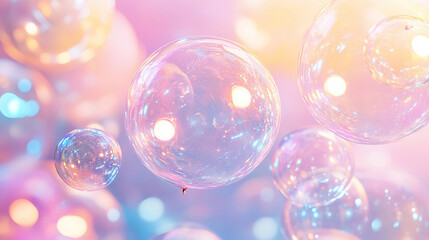 Shimmering holographic foil balloons float weightlessly in the air, their iridescent colors reflecting a dreamy pastel backdrop, creating a whimsical and festive celebration setting.