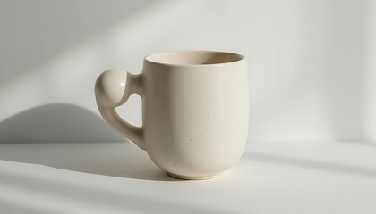 A cream colored mug with a unique round handle is present
