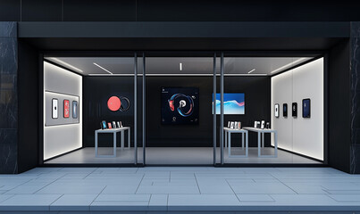 Modern tech gadget store front design featuring sleek black aesthetics and futuristic retail innovation excellence