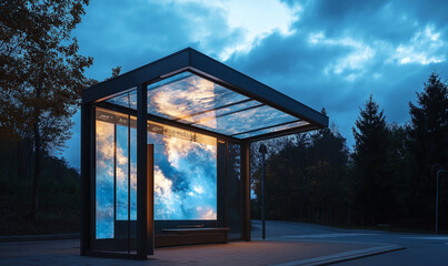 Bus stop with a transparent roof that displays digital information for modern urban transit efficiency