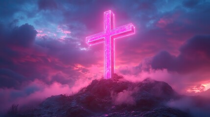 Obraz premium neon text art in dreamy landscapes neon cross with jesus sign on top of a mountain beautiful sunrise over the sea of fog