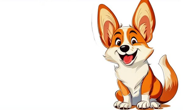 Smiling corgi cartoon sitting, happy dog character, white background, joyful pet portrait, playful design