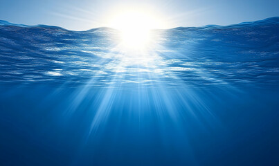 Fototapeta premium Stunning underwater scene showcasing sunbeams piercing through the ocean's surface, creating a breathtaking light show. Ideal for backgrounds, websites, and design projects.