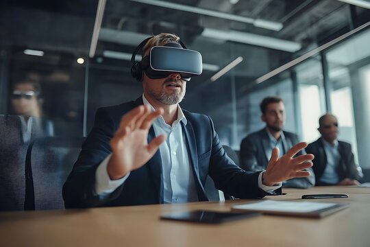 Immersive Business Presentation: Executive Experiencing Virtual Reality Meeting