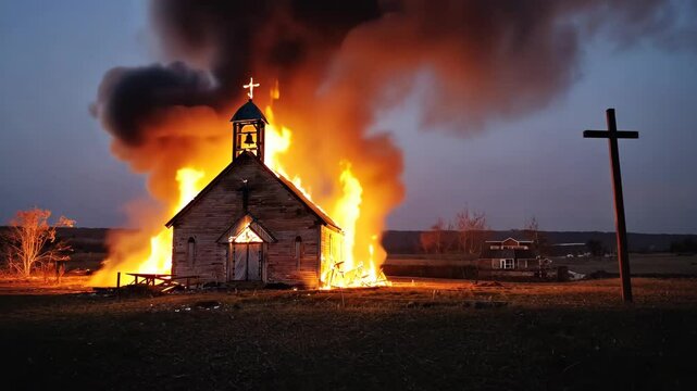 Old wooden church engulfed in flames during evening fire in rural community