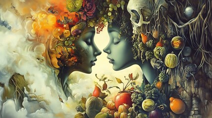 Adam Eve in a surrealist painting with dream like elements and strange juxtapositions