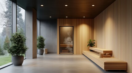 Fototapeta premium Modern Minimalist Sauna Room with Wooden Elements and Indoor Plants, Inviting and Serene Atmosphere for Relaxation and Rejuvenation