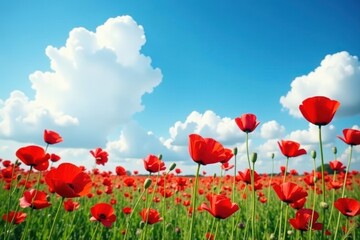 Fototapeta premium Crimson poppies sway gently under a vast, blue sky , field, outdoor, red poppies