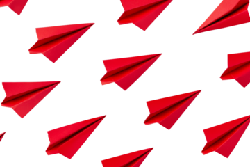 Red paper airplane is flying in the air, isolated