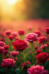 Obraz premium Deep red and pink rose field, dreamy sunlit backdrop , color, floral design, floral