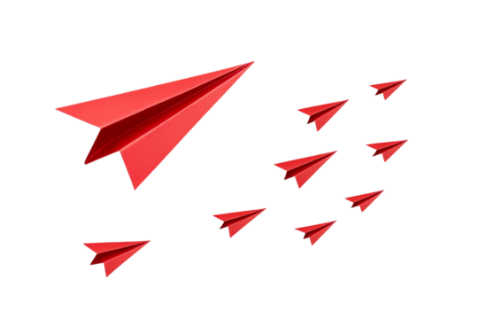 Red paper airplane is flying in front of a row of other red paper airplanes, isolated