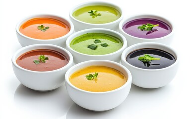 A colorful array of delicious soups in various bowls showcasing different ingredients and vibrant textures