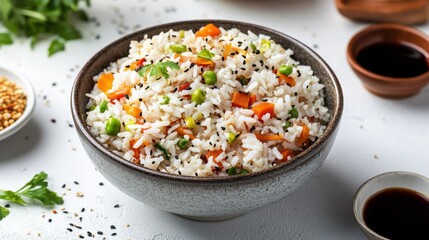 Delicious bowl of vegetable fried rice with colorful ingredients, perfect for a healthy meal or cooking inspiration.