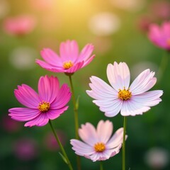 Obraz premium Pink and white cosmos flowers sway gently in the breeze, elegance, wallpaper, white