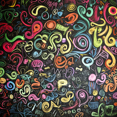 Fototapeta premium Colorful chalk doodle art on blackboard featuring vibrant swirls, shapes, and abstract patterns, creating lively and creative atmosphere